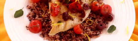 baked halibu with tomato olive tapende